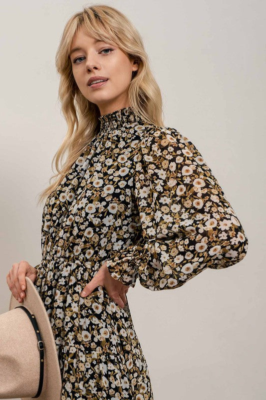 Mock Neck Sheer Sleeve Floral Dress