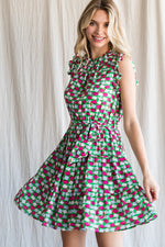Geometric Print Waist Tie Ruffle Sleeve Dress
