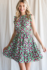 Geometric Print Waist Tie Ruffle Sleeve Dress