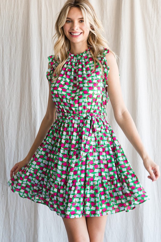 Geometric Print Waist Tie Ruffle Sleeve Dress