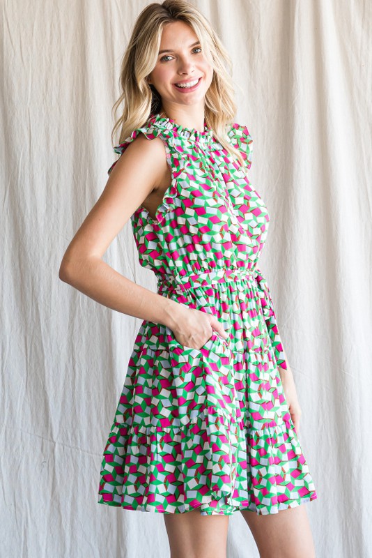 Geometric Print Waist Tie Ruffle Sleeve Dress
