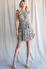 Geometric Print Waist Tie Ruffle Sleeve Dress