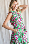 Geometric Print Waist Tie Ruffle Sleeve Dress