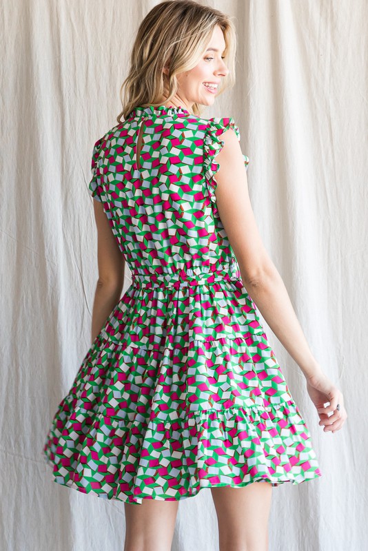 Geometric Print Waist Tie Ruffle Sleeve Dress