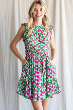 Geometric Print Waist Tie Ruffle Sleeve Dress