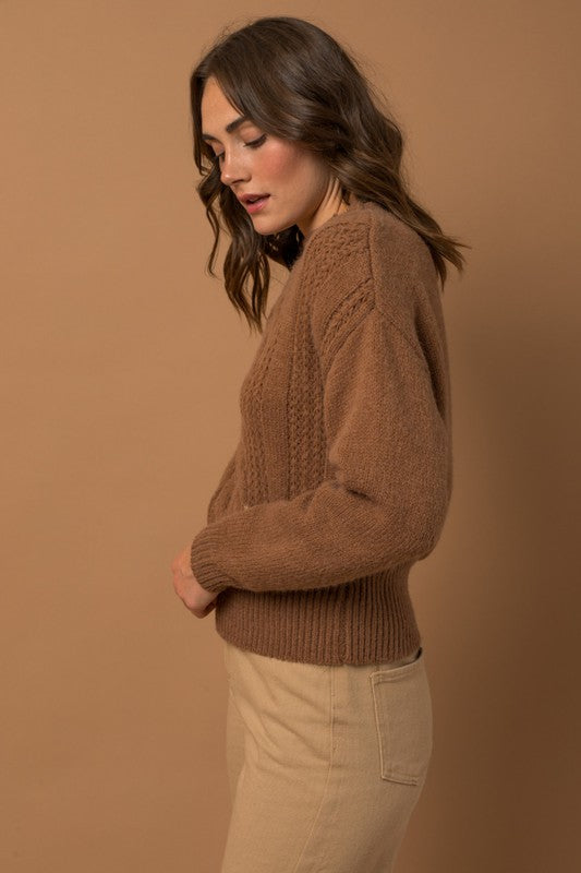 Cable Knit Blouson Sweater (Caramel)
