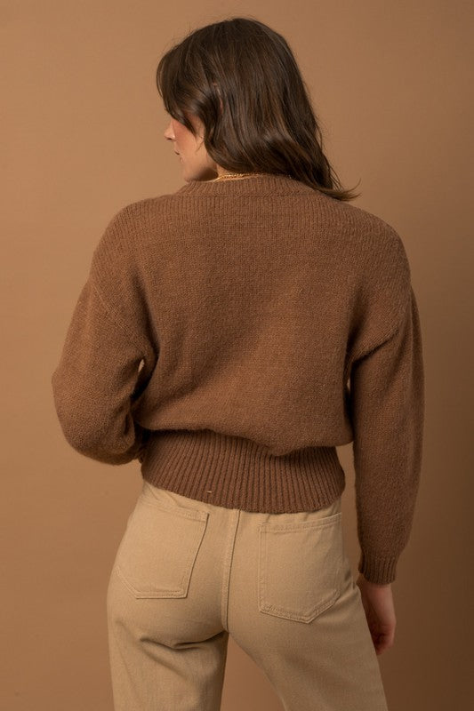 Cable Knit Blouson Sweater (Caramel)