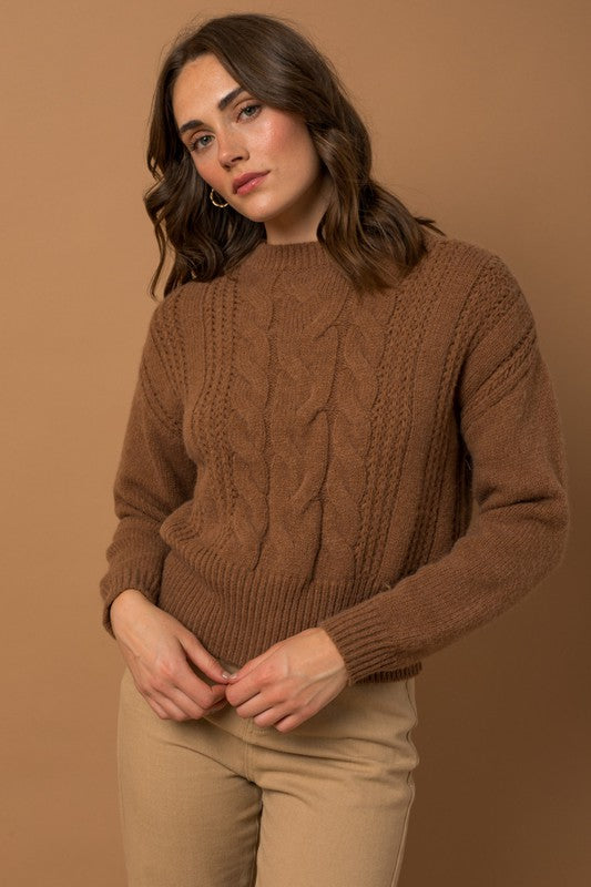 Cable Knit Blouson Sweater (Caramel)