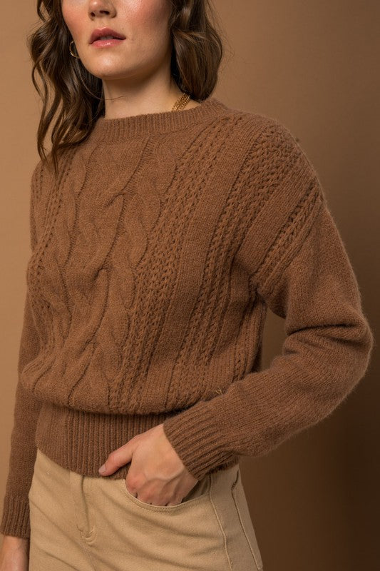 Cable Knit Blouson Sweater (Caramel)