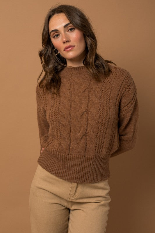 Cable Knit Blouson Sweater (Caramel)