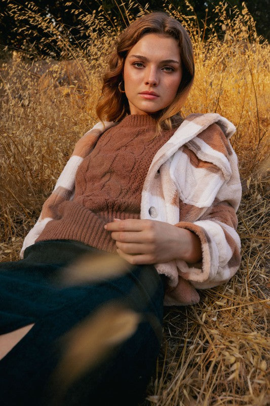 Cable Knit Blouson Sweater (Caramel)