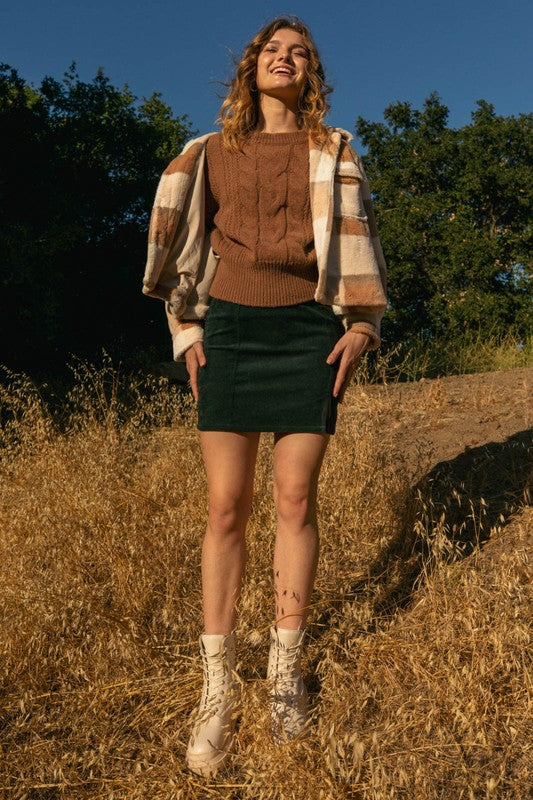 Cable Knit Blouson Sweater (Caramel)