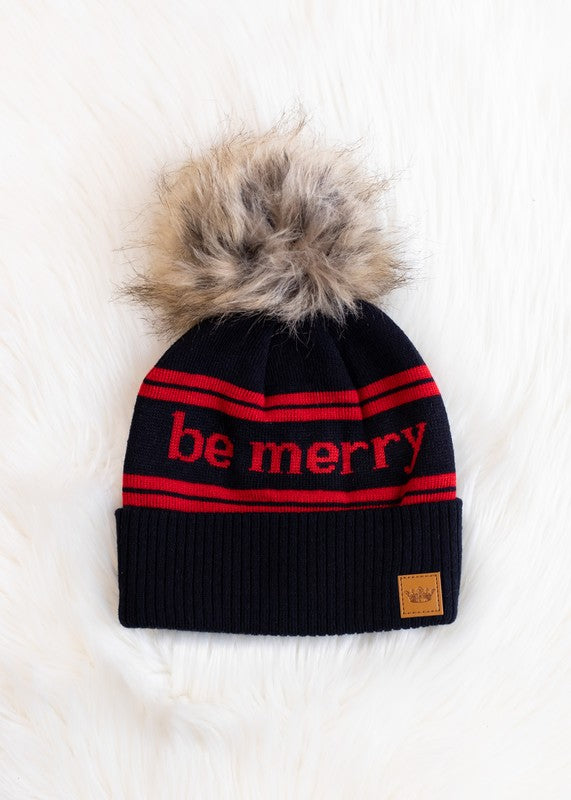 "Be Merry" Cuffed Knit Pom Pom Hat (Dark Navy & Red)