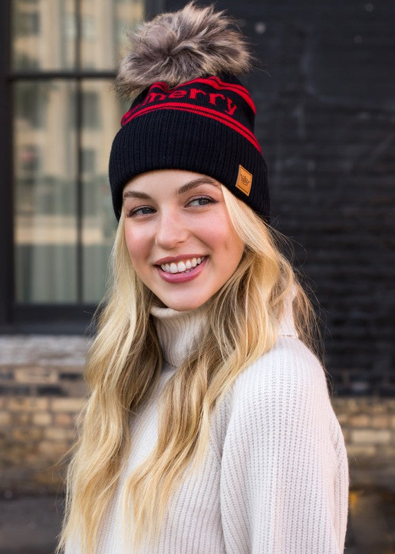 "Be Merry" Cuffed Knit Pom Pom Hat (Dark Navy & Red)