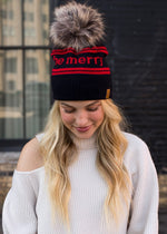 "Be Merry" Cuffed Knit Pom Pom Hat (Dark Navy & Red)