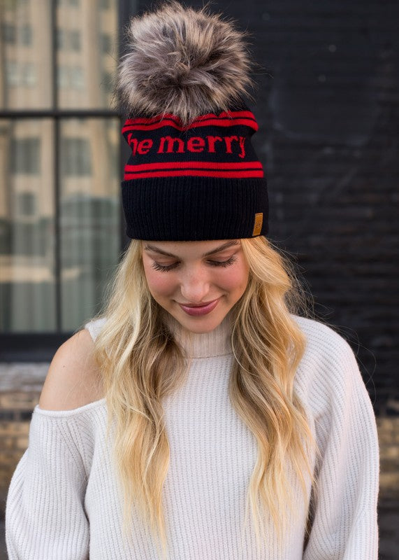 "Be Merry" Cuffed Knit Pom Pom Hat (Dark Navy & Red)
