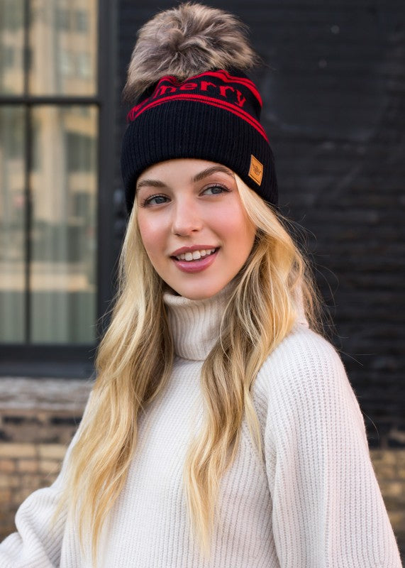"Be Merry" Cuffed Knit Pom Pom Hat (Dark Navy & Red)