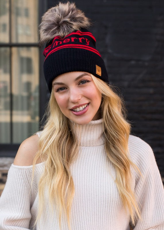 "Be Merry" Cuffed Knit Pom Pom Hat (Dark Navy & Red)