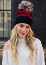 "Be Merry" Cuffed Knit Pom Pom Hat (Dark Navy & Red)