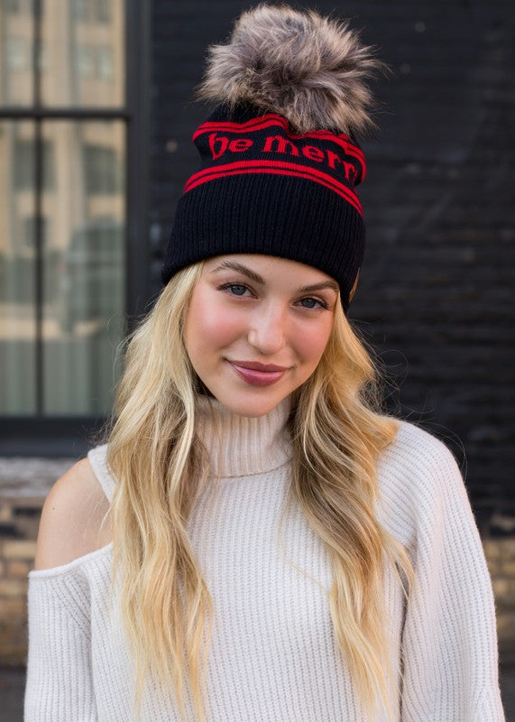 "Be Merry" Cuffed Knit Pom Pom Hat (Dark Navy & Red)