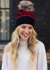 "Be Merry" Cuffed Knit Pom Pom Hat (Dark Navy & Red)