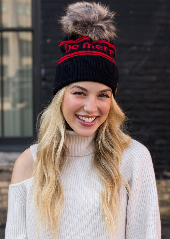 "Be Merry" Cuffed Knit Pom Pom Hat (Dark Navy & Red)