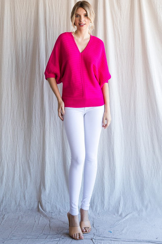 Hot Pink V-Neck Dolman Sleeve Sweater