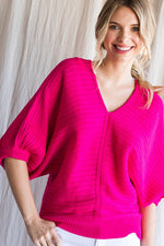 Hot Pink V-Neck Dolman Sleeve Sweater