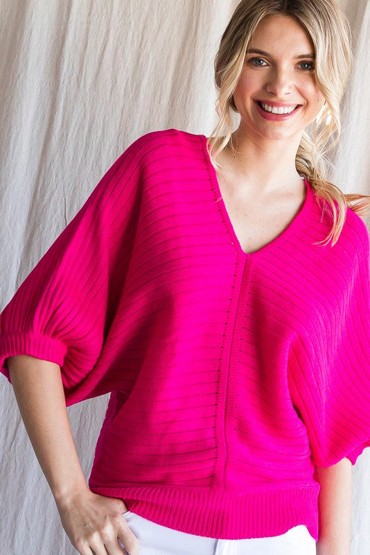 Hot Pink V-Neck Dolman Sleeve Sweater