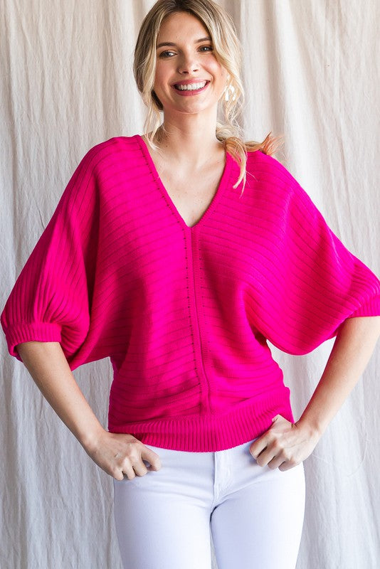Hot Pink V-Neck Dolman Sleeve Sweater