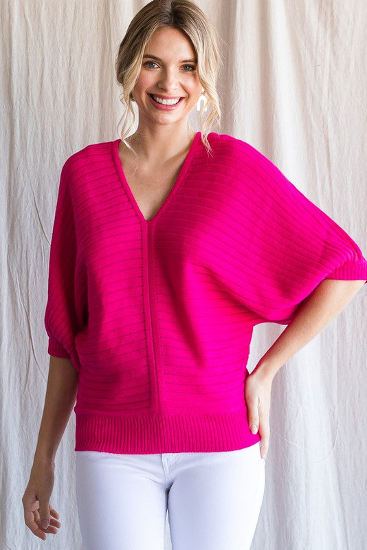 Hot Pink V-Neck Dolman Sleeve Sweater