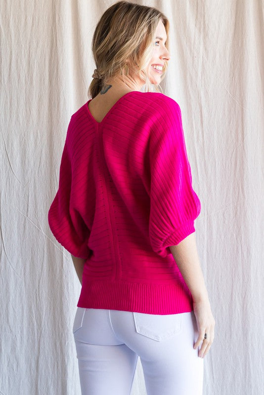 Hot Pink V-Neck Dolman Sleeve Sweater