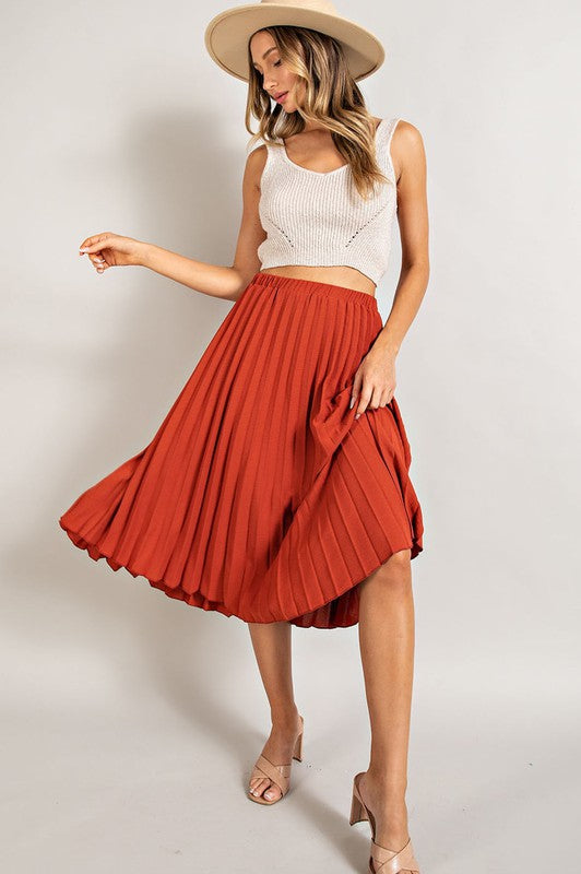 Elastic Waist Pleated Midi Skirt (Marsala)