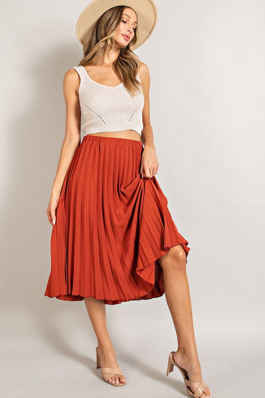 Elastic Waist Pleated Midi Skirt (Marsala)