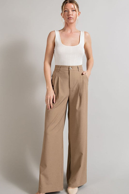 Pleated Front Wide Leg High Rise Pants
