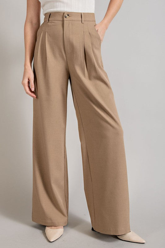 Pleated Front Wide Leg High Rise Pants