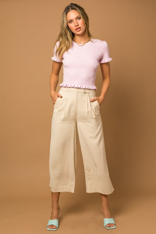 Short Sleeve Ruffle Detail Knit Top (Lavender)
