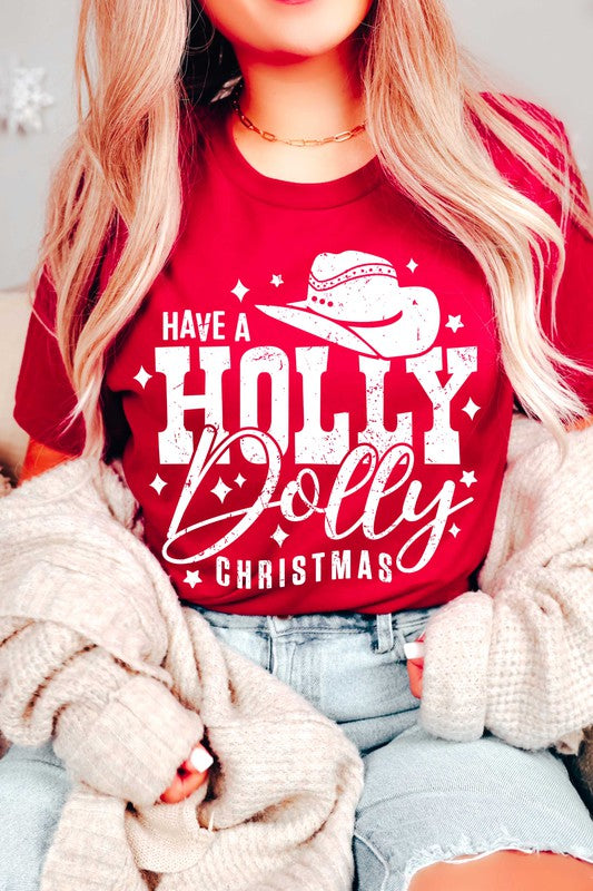 "Have a Holly Dolly Christmas" Unisex Graphic T-Shirt (Red / White Ink)