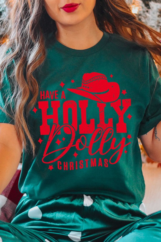 "Have a Holly Dolly Christmas" Unisex Graphic T-Shirt (Plus Size - Green / Red Ink)