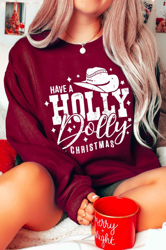 "Have a Holly Dolly Christmas" Unisex Graphic Sweatshirt (Burgundy / White Ink)