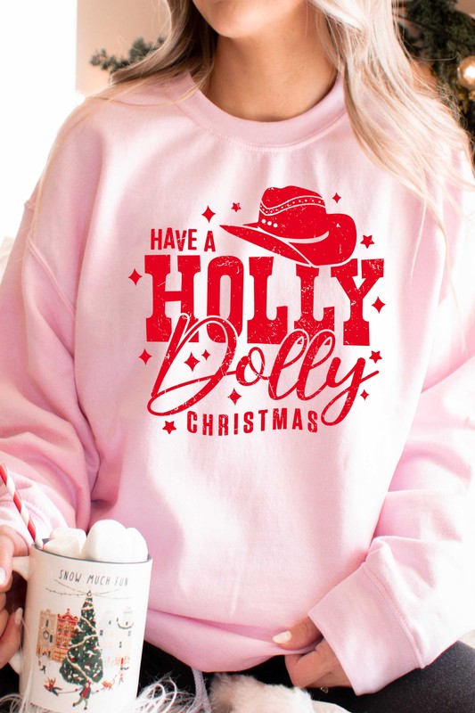 "Have a Holly Dolly Christmas" Unisex Graphic Sweatshirt (Pink / Red Ink)