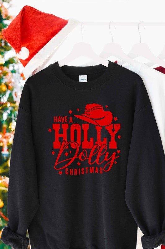 "Have a Holly Dolly Christmas" Unisex Graphic Sweatshirt (Black / Red Ink)