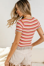 Ruffle Hem Short Sleeve Striped Crochet Top