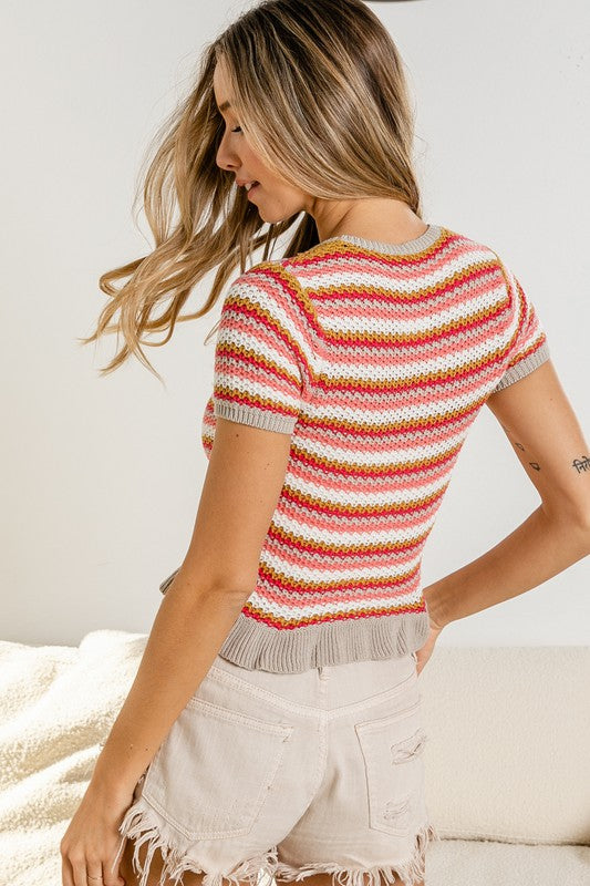 Ruffle Hem Short Sleeve Striped Crochet Top