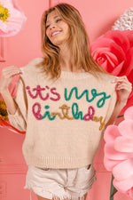 Puff Sleeve "It's My Birthday" Metallic Letter Sweater