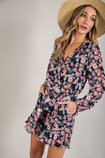 Long Sleeve V-Neck Waist Tie Romper