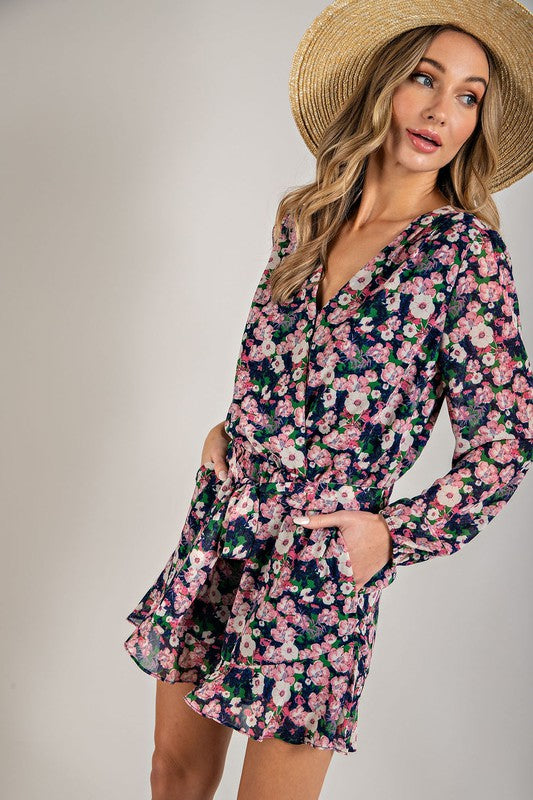 Long Sleeve V-Neck Waist Tie Romper