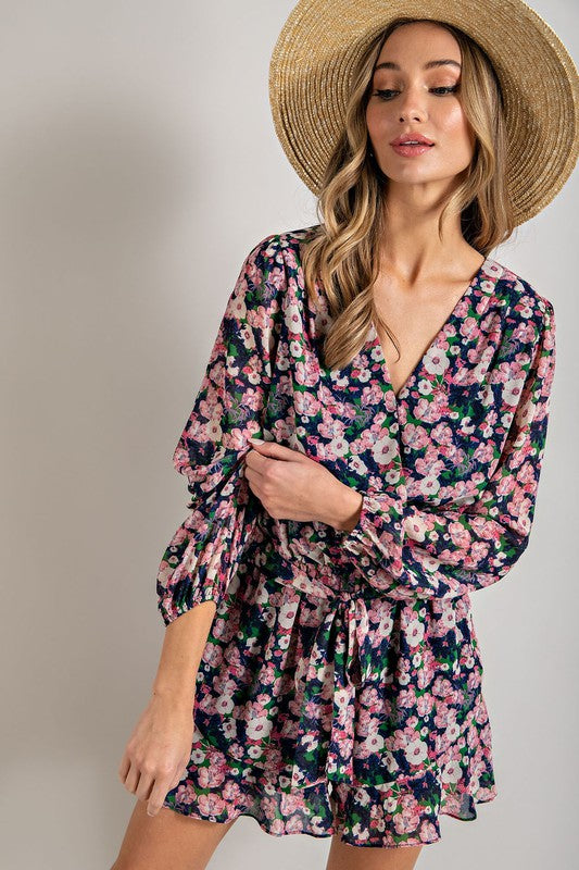 Long Sleeve V-Neck Waist Tie Romper