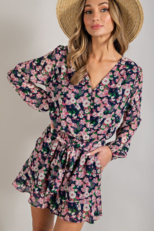 Long Sleeve V-Neck Waist Tie Romper