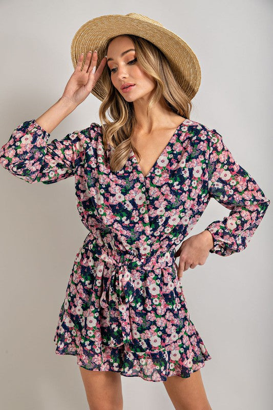 Long Sleeve V-Neck Waist Tie Romper